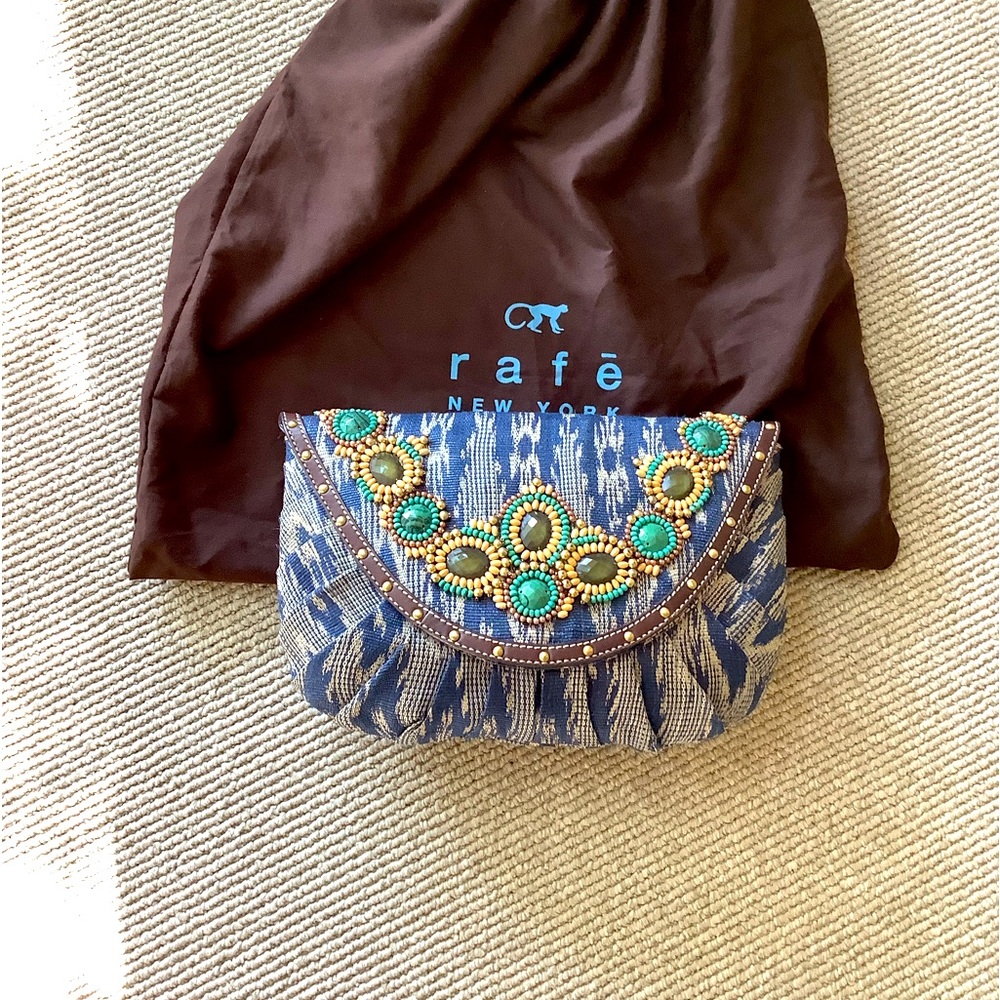 RAFE LEATHER AND LINEN CLUTCH SHOULDER BAG BEADED DENIM W/DUSTCOVER